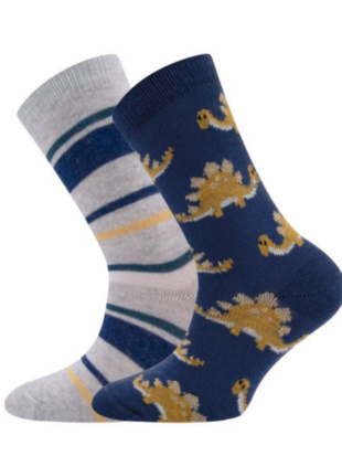 2-pack kindersokken bio katoen, dino's en strepen blauw - EWERS