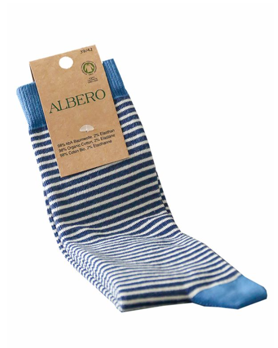Mand trui Verrast zijn Sokken bio katoen, streepjes blauw - ALBERO - Meer dan Mooi