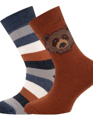 2-pack kindersokken bio katoen, beer en strepen bruin - EWERS