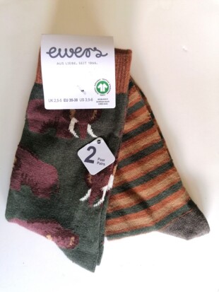 2-pack kindersokken bio katoen, mammoeten en strepen groen - EWERS