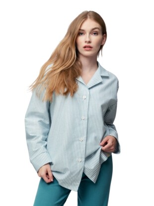 Damespyjamavest bio katoen, streepjes saliegroen - GREENJAMA