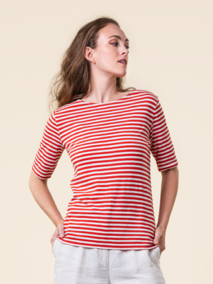 Shirt bio katoen, streepjes rood/zand - LIVING CRAFTS