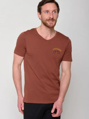 T-shirt bio katoen V-hals, leave the main road bruin - GREENBOMB