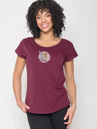 Damesshirt bio katoen, vogeltje bordeaux - GREENBOMB