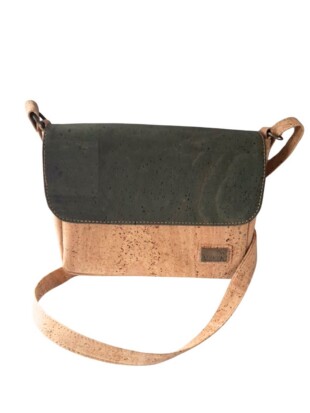 Vegan tas kurk, klein met flap Eva naturel/olijfgroen - VELEN