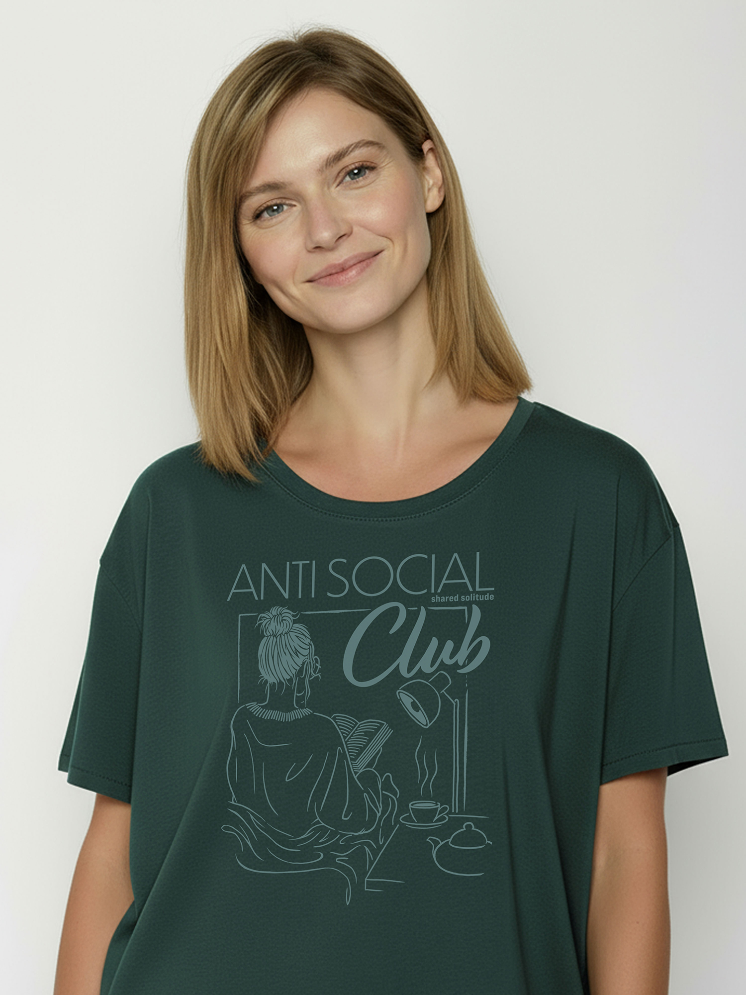 Damesshirt bio katoen oversized, anti social dennengroen - GREENBOMB