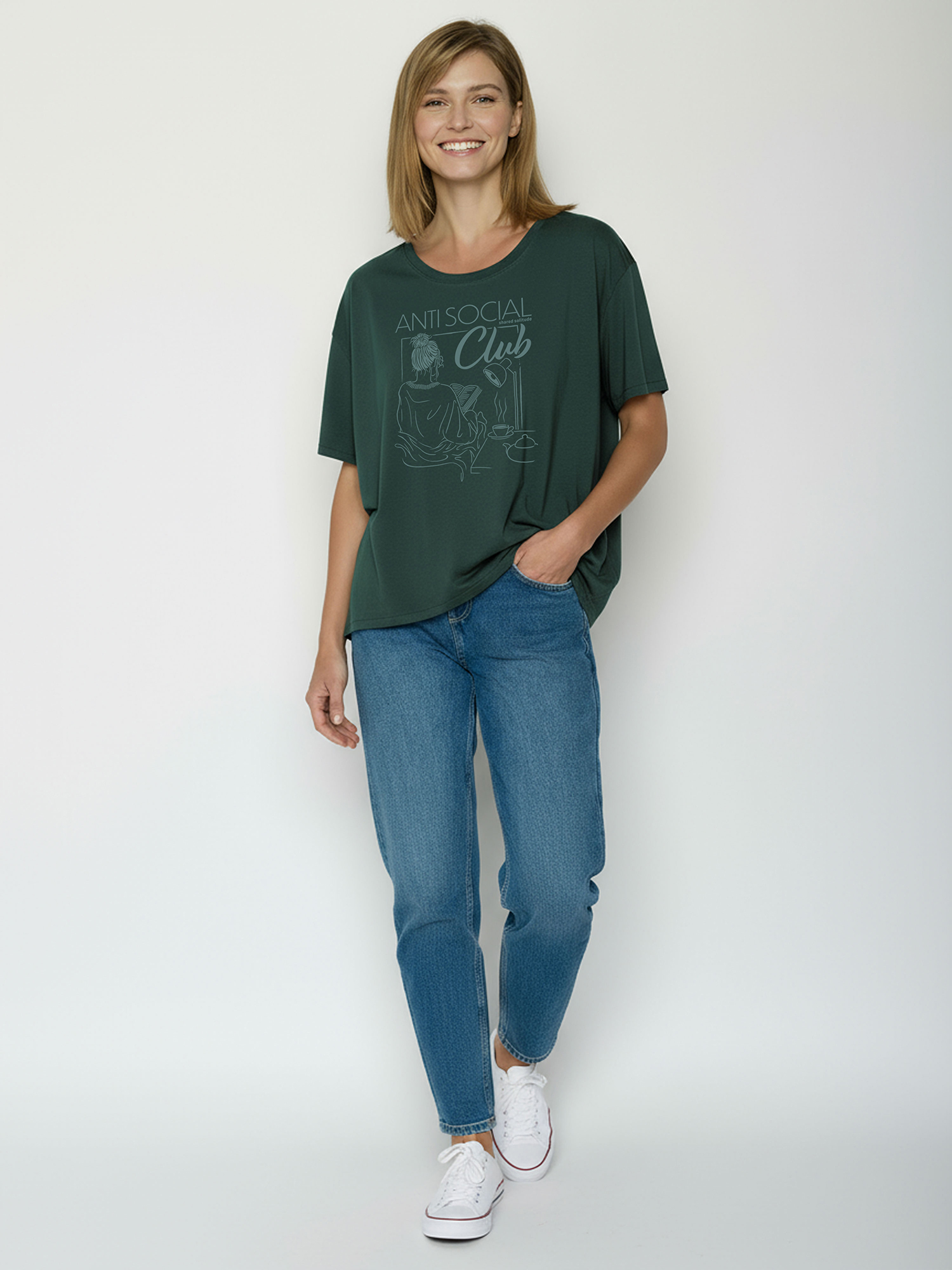 Damesshirt bio katoen oversized, anti social dennengroen - GREENBOMB