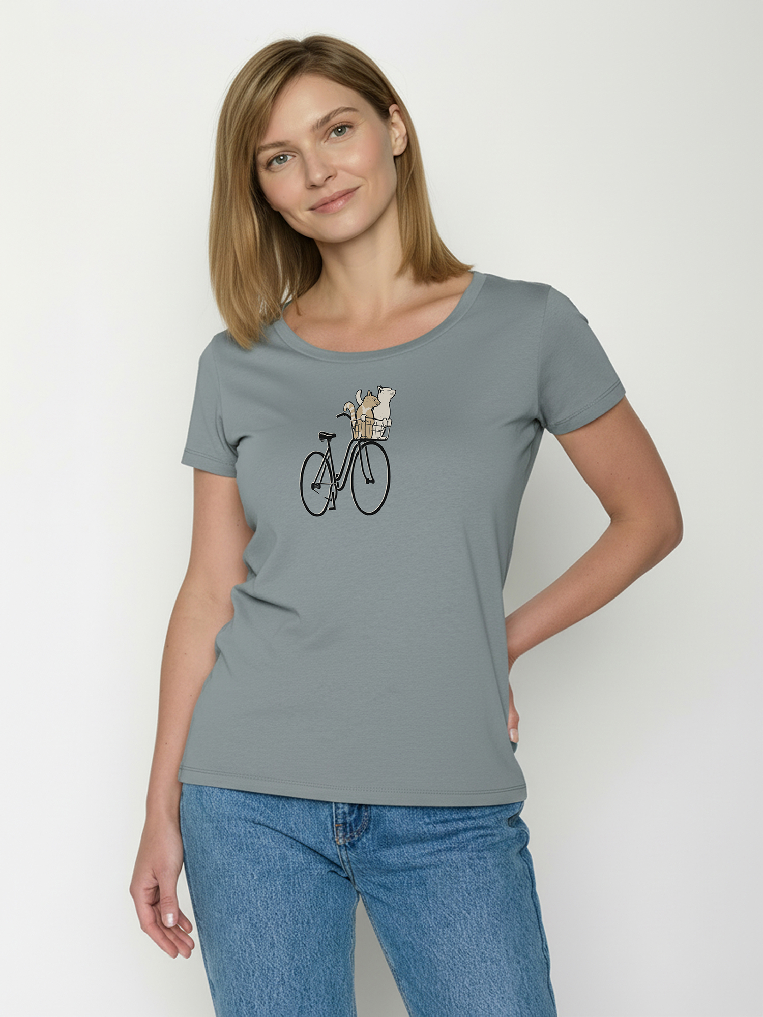 Damesshirt bio katoen, poezenmandje greyish blue - GREENBOMB