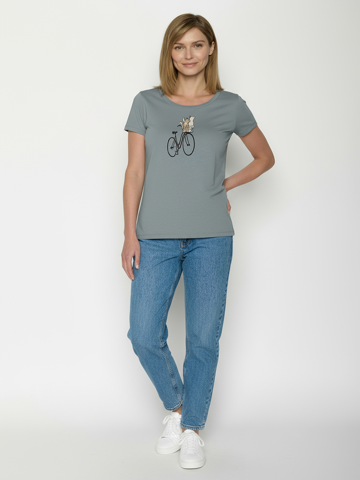 Damesshirt bio katoen, poezenmandje greyish blue - GREENBOMB
