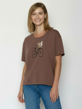 Damesshirt bio katoen oversized, poezenmandje bruin - GREENBOMB