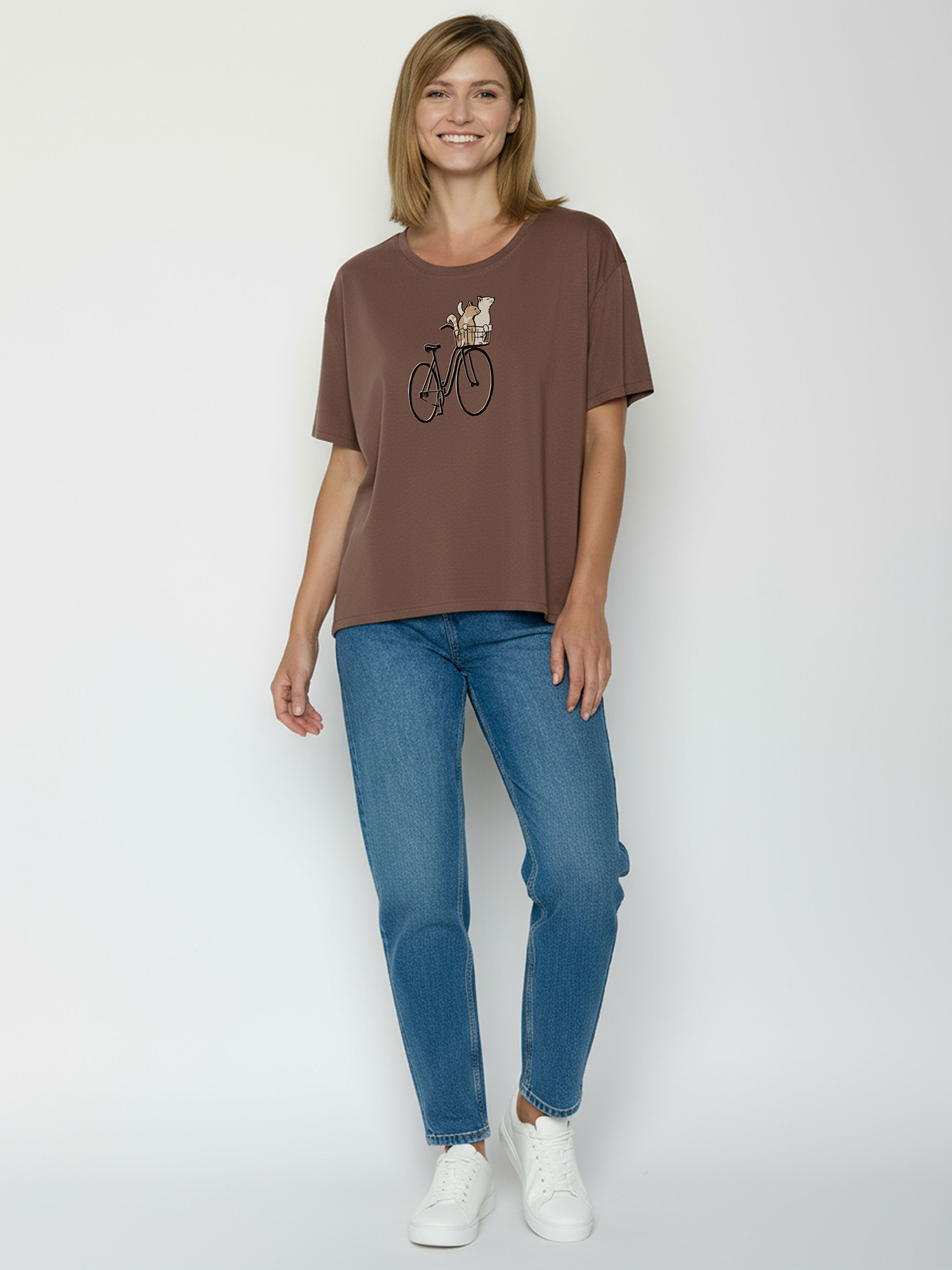 Damesshirt bio katoen oversized, poezenmandje bruin - GREENBOMB