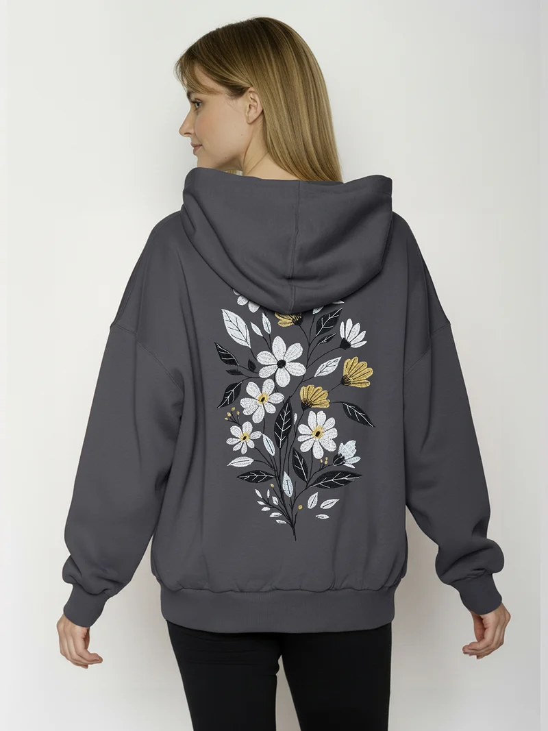 Dameshoodie bio katoen, flower bouquet muisgrijs - GREENBOMB