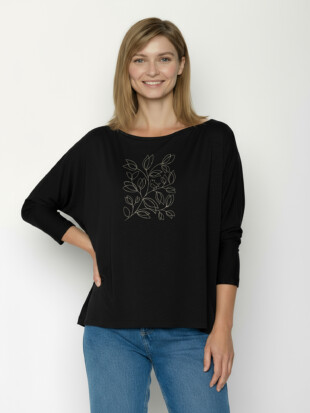 Shirt ecovero, 3/4 mouw vogel en blaadjes zwart - GREENBOMB