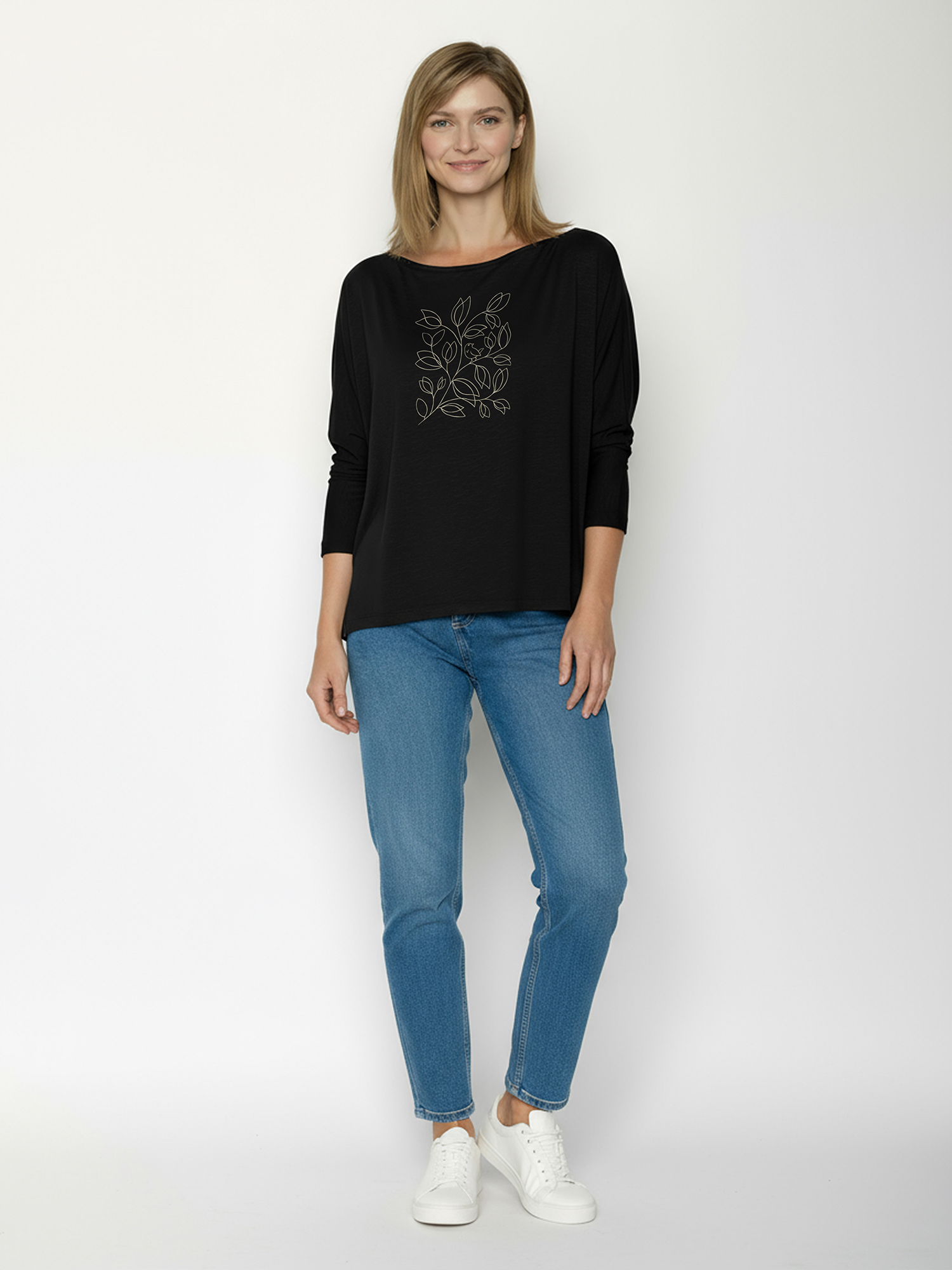 Shirt ecovero, 3/4 mouw vogel en blaadjes zwart - GREENBOMB