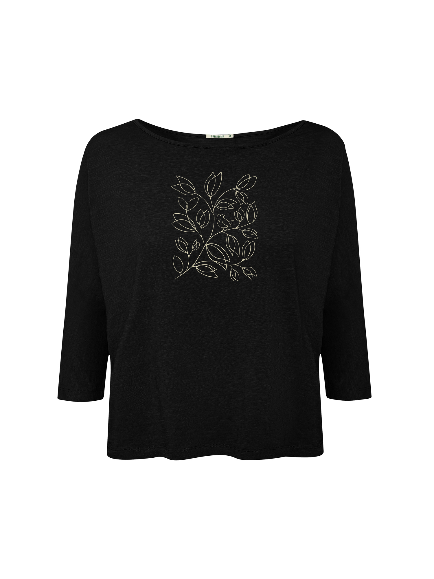 Shirt ecovero, 3/4 mouw vogel en blaadjes zwart - GREENBOMB