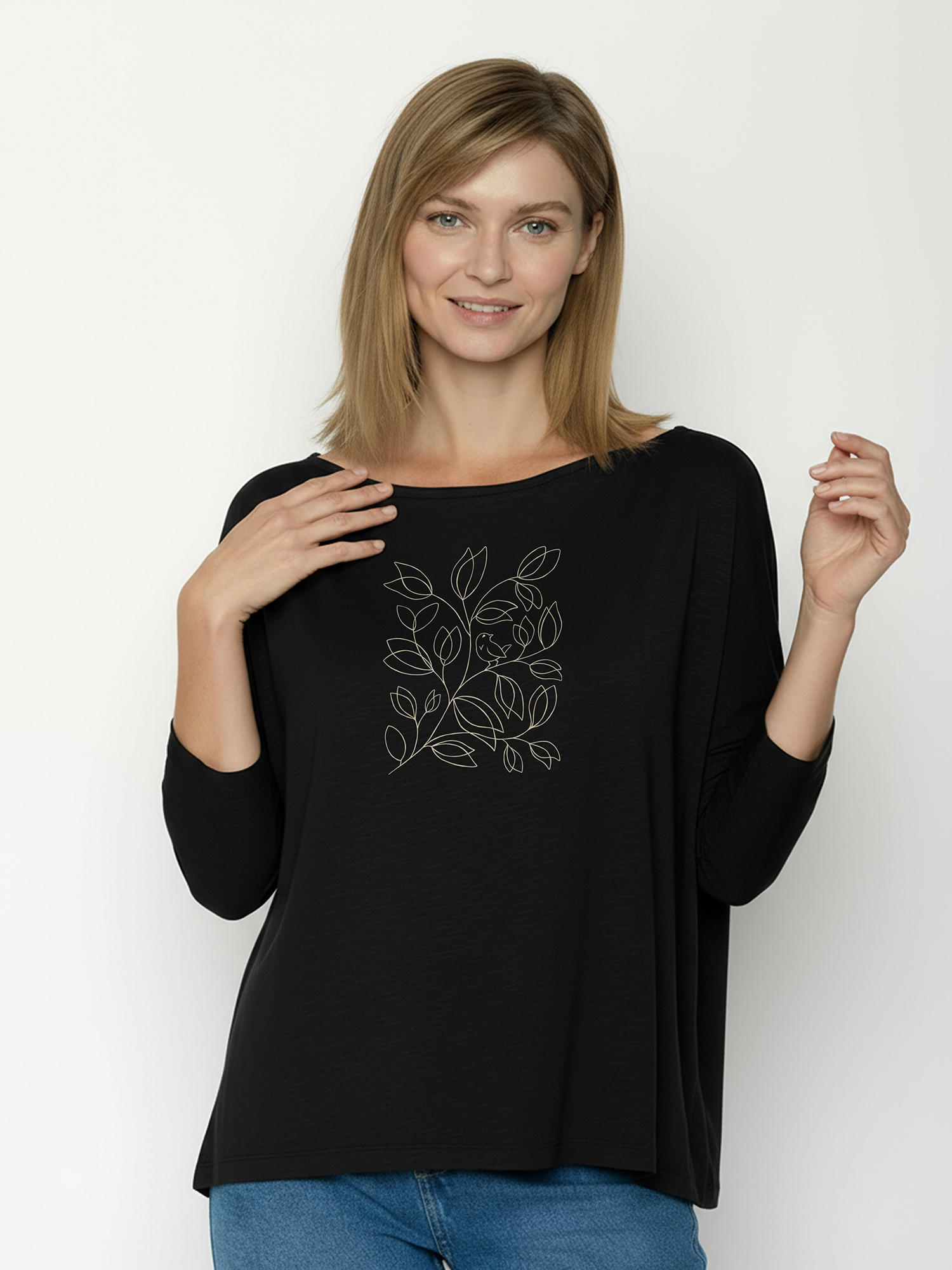 Shirt ecovero, 3/4 mouw vogel en blaadjes zwart - GREENBOMB