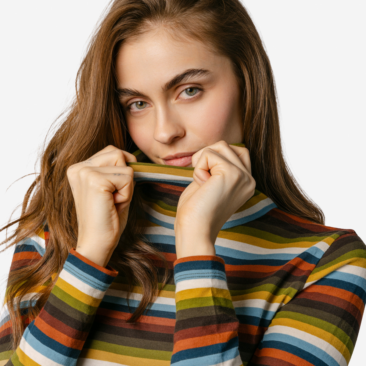 Damesshirt bio katoen rolkraag, zonder elasthane strepen petrol - LIVING CRAFTS