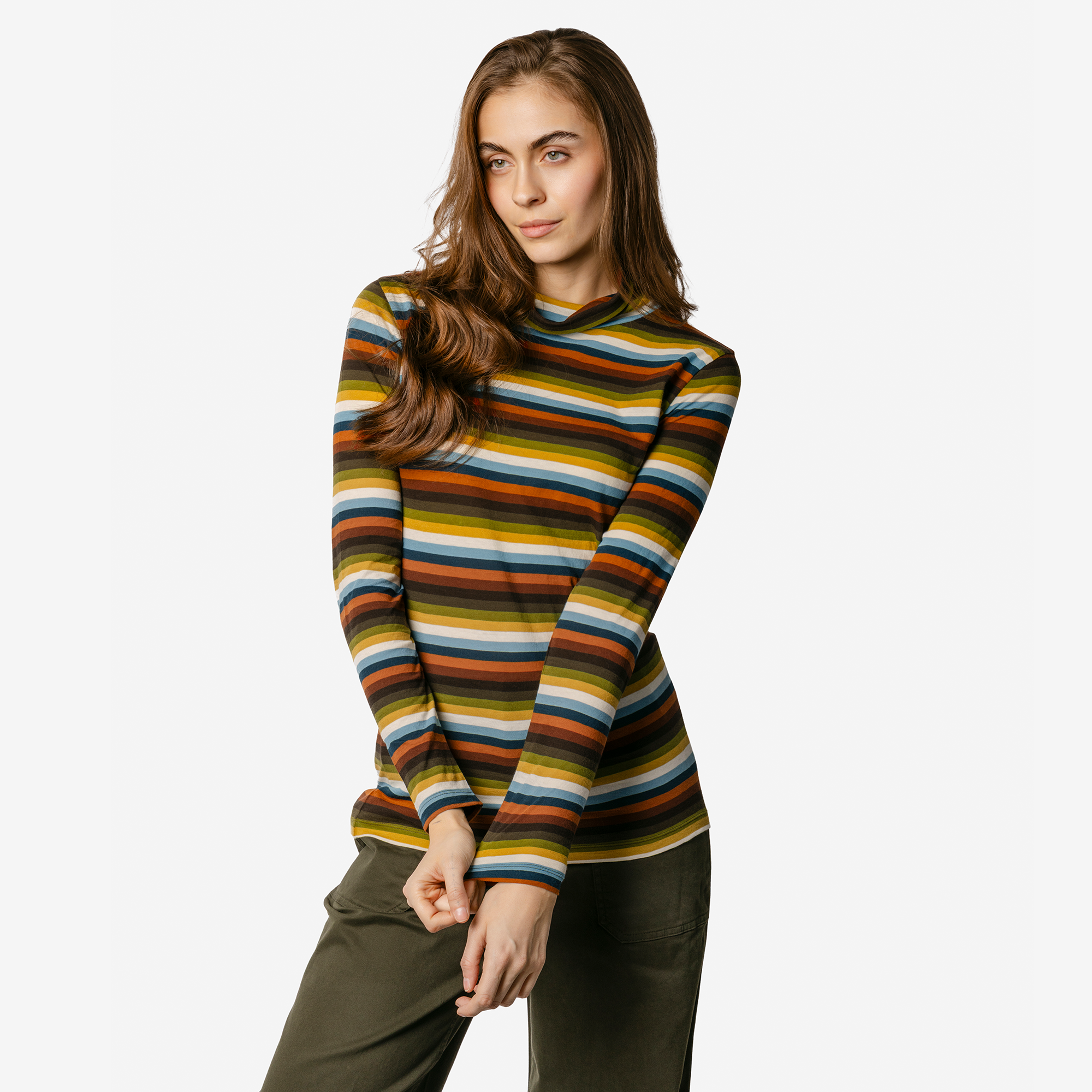 Damesshirt bio katoen rolkraag, zonder elasthane strepen petrol - LIVING CRAFTS