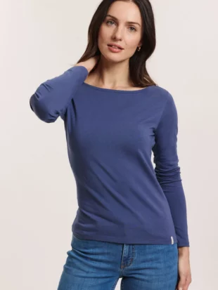 Damesshirt bio katoen lange mouw, boothals faded denim - TRANQUILLO