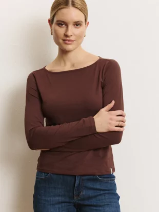 Damesshirt bio katoen lange mouw, boothals bruin - TRANQUILLO